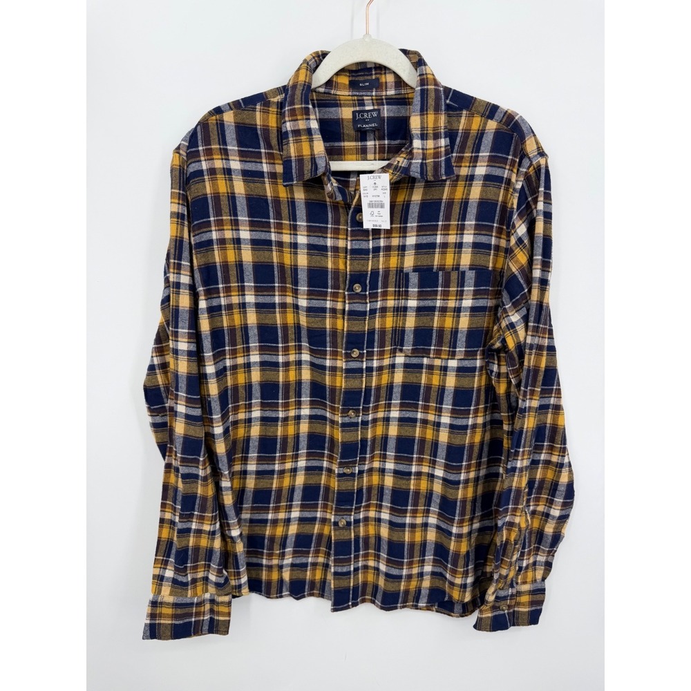 J.Crew‎ Slim Flannel Shirt Mens Large Yellow Navy Blue Plaid AQ245 NEW